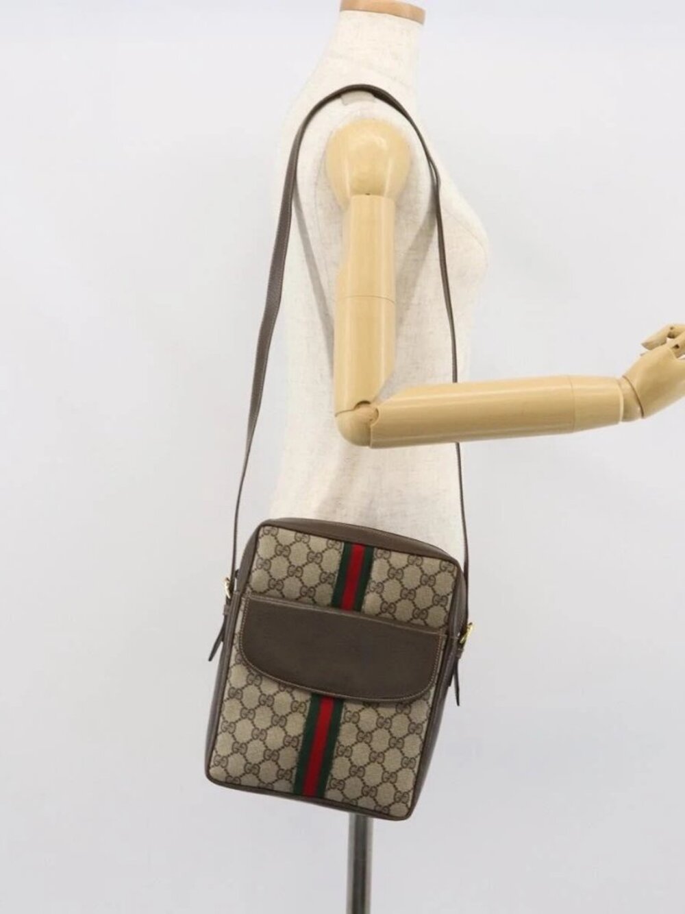 GUCCI GG Supreme Web Sherry Line Shoulder Bag PVC Beige Gold Auth 163502 - Picture 1 of 16